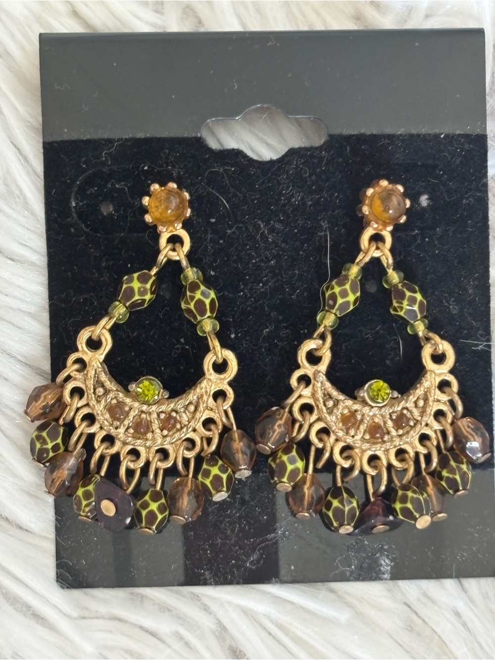 Vintage Gold-Tone Chandelier Earrings with Olive Green Beads